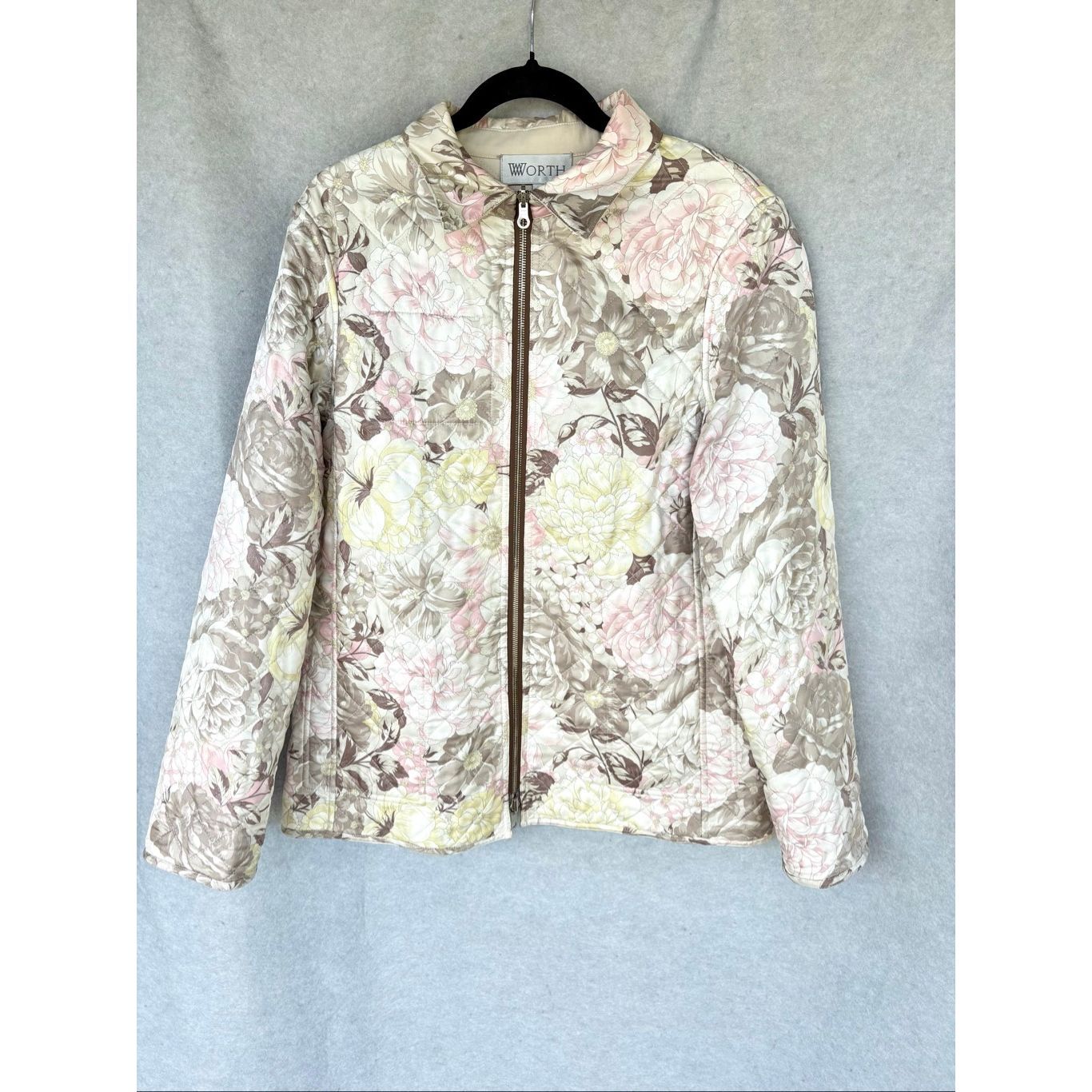 Worth Quilted Floral Jacket Womens 14 Zip Front Lightweight Pastel